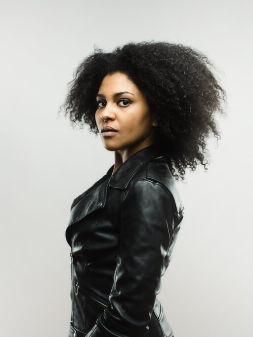 woman with leather jacket